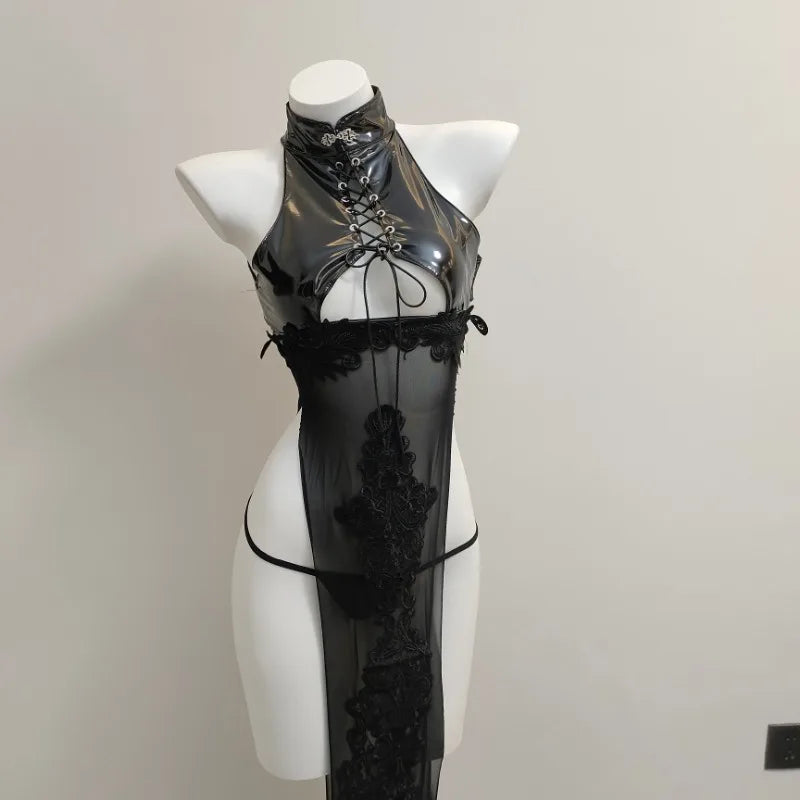 Hollow Out Cosplay Costume Erotic PU Leather Lingerie