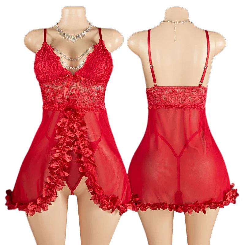 See Through Blue Lace Sling Sleepwear Two-piece Babydoll Nightgown Valentine's Day Gift Erotic Costumes