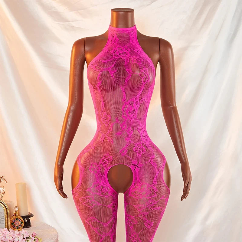 One-piece Rose Bow Hollow Out Crotchless Lace Bodysuit Semi Transparent Lingerie Plus Size Bodystocking Clothing