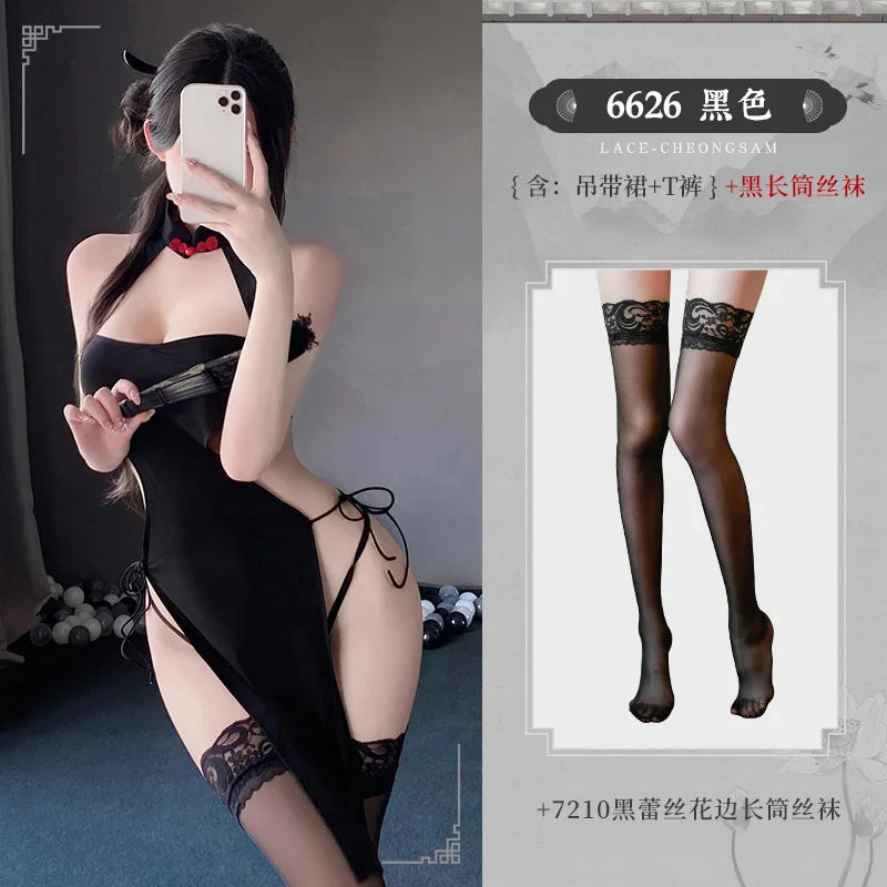 High Slit Cheongsam Ice Silk Traditional Improve Hollow Out Pajamas Exotic Charm