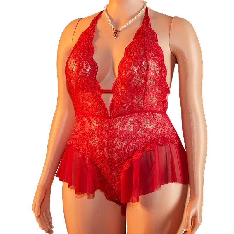 Lingerie Crotchless Deep V Open Red Lace Hollow Bodysuit Teddy Babydoll Underwear Set