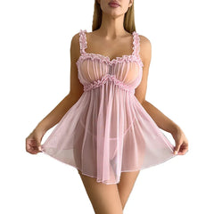 See Through Pink Mesh Lingerie Elastics Sleeveless Pajama Suit NightHomewear Erotic Costumes