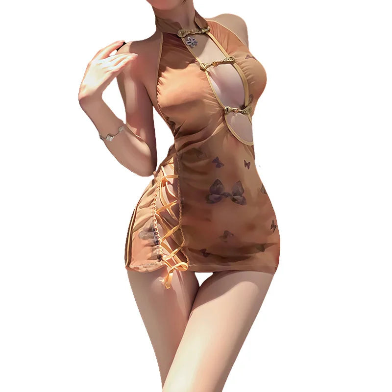 Halter Ancient Cheongsam Skirt Hollowed Out Translucent Temptation Pajamas