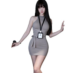 Lingerie Office Secretary Cosplay Halter Backless Bodycon Mini Set
