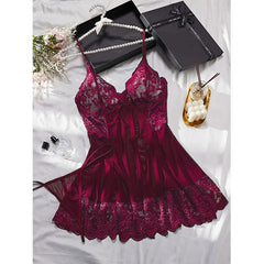 Halter Nightgown Transparent Red Lingerie Female Pajamas Tulle Comfortable Night Pajama G-string Set