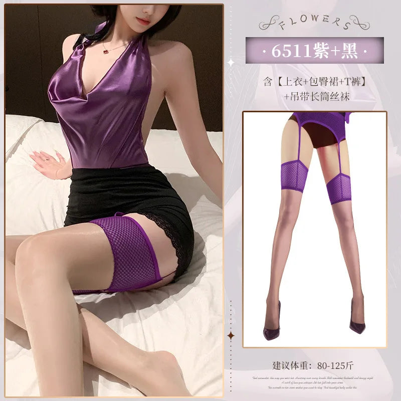 Porn Underwear Lady Roleplay Secretary Purple Top Wrap Hip Skirt Erotic Costume Cosplay Temptation Lingerie
