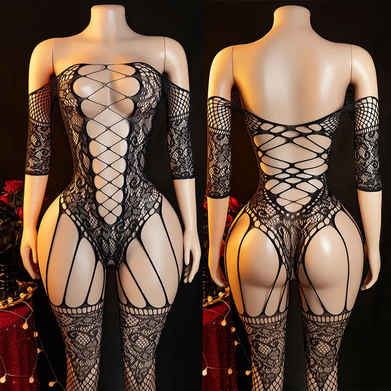 Big Bare Shoulders Crotchless Full Body Socks Desire Night Bold Exquisite Underwear Lingerie Long Sleeve Bodysuit
