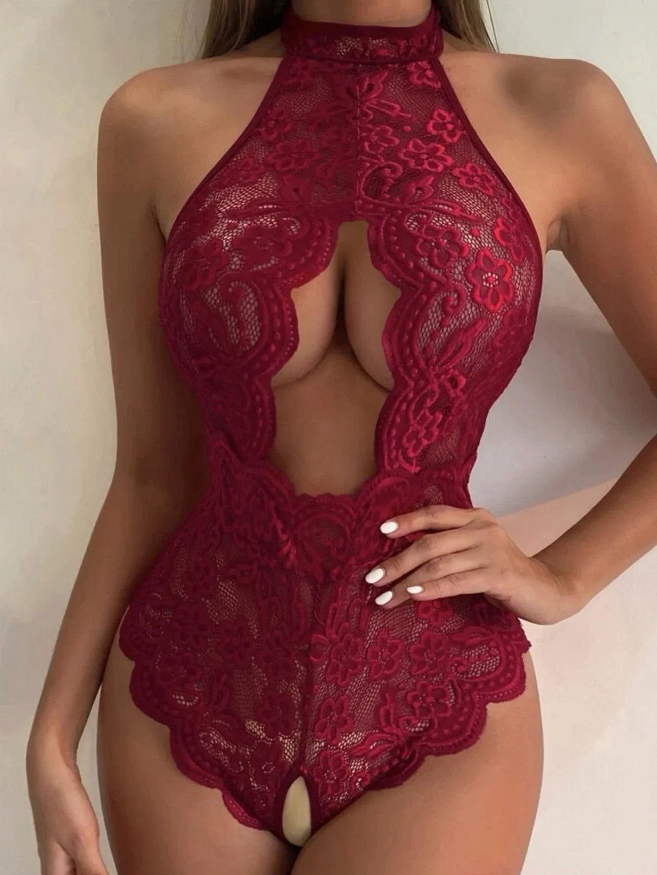 Exotici Hanging Neck Style Backless Transparent Red Lace Crotchless Hollow Bra Lingerie