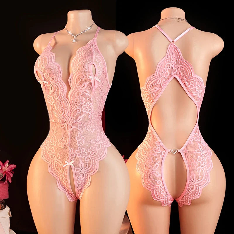 One-piece Crotchless Bodysuit Deep V Open Bra Lingerie