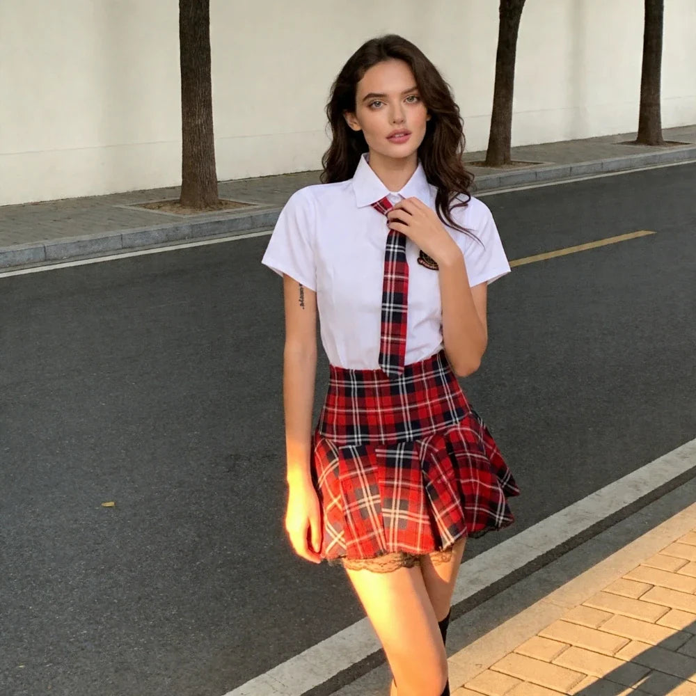 Preppy Red Plaid Pleated Skirt Fitted White Shirt Necktie Badge Student Cosplay Costume