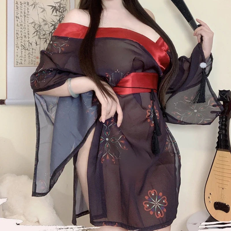 Erotic Lingerie Kimono Cute Printed Pajama Bathrobe Set