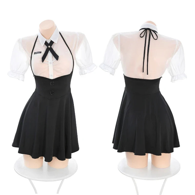 College Style Cosplay Student Costume Long Sleeved Top Halter Skirt Set