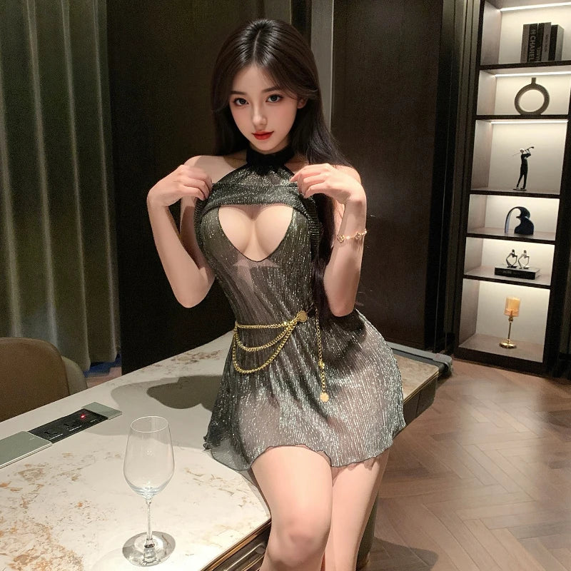 Erotic Hollow Perspective Pajamas Playful Shiny Nightclub Queen Temptation Halter Skirt  Backless