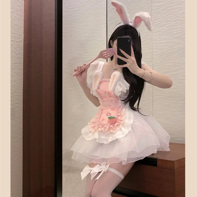 Sweet Cute Role-playing Maid Lingerie Lolita Servant Apron Rabbit Cosplay Costume Lace Skirt Plush Rabbit Ears