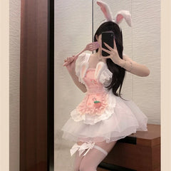 Sweet Cute Role-playing Maid Lingerie Lolita Servant Apron Rabbit Cosplay Costume Lace Skirt Plush Rabbit Ears