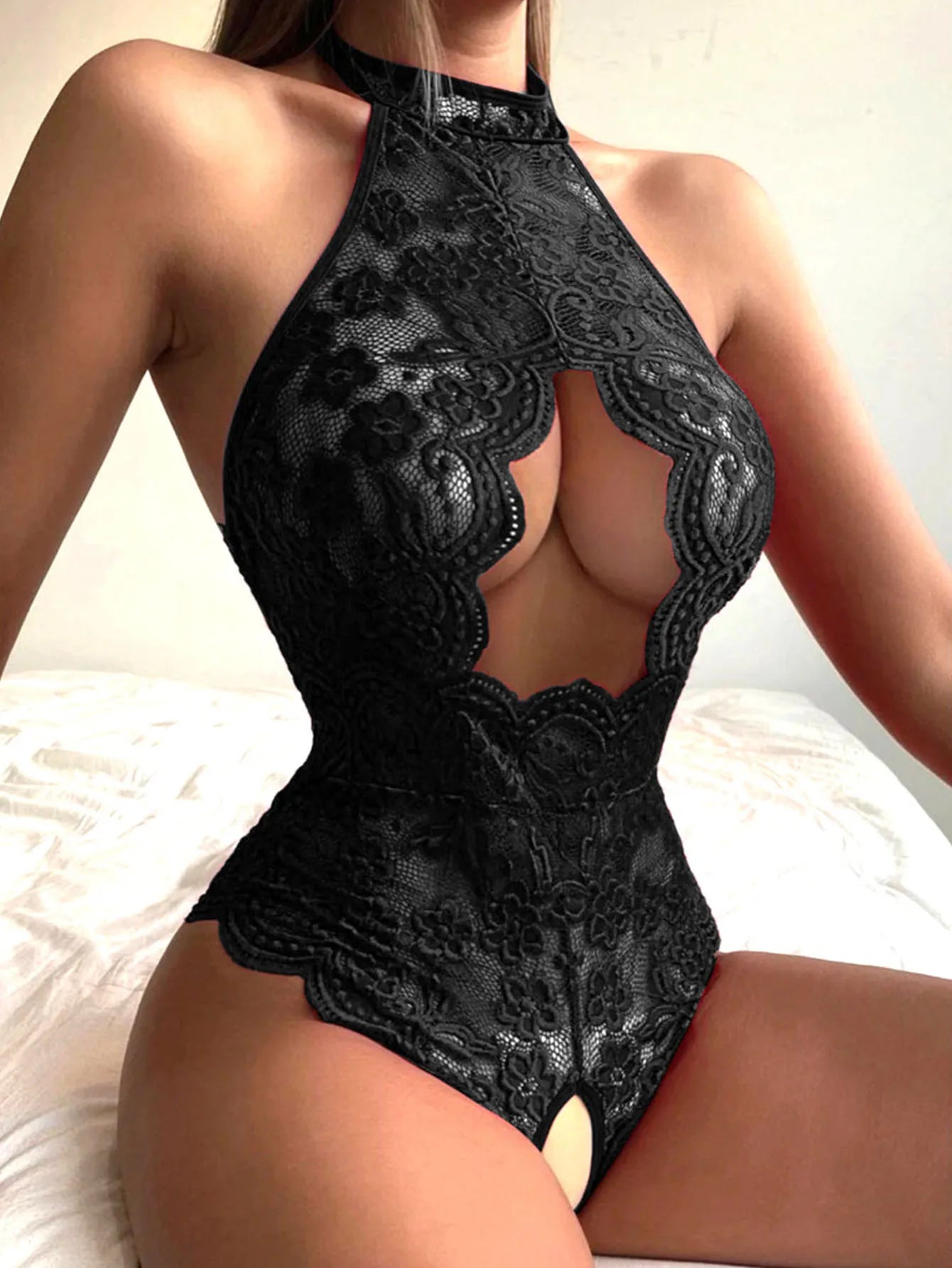 Exotici Hanging Neck Style Backless Transparent Red Lace Crotchless Hollow Bra Lingerie