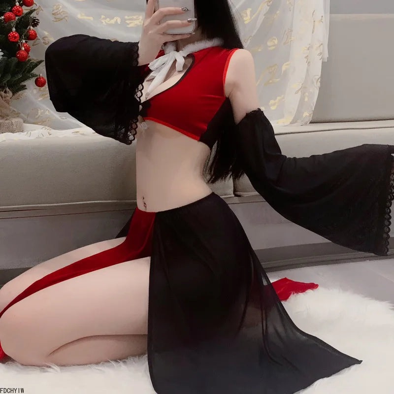 Plush Pajamas Passion Hollow Top Split Temptation Skirt Long Sleeve Set