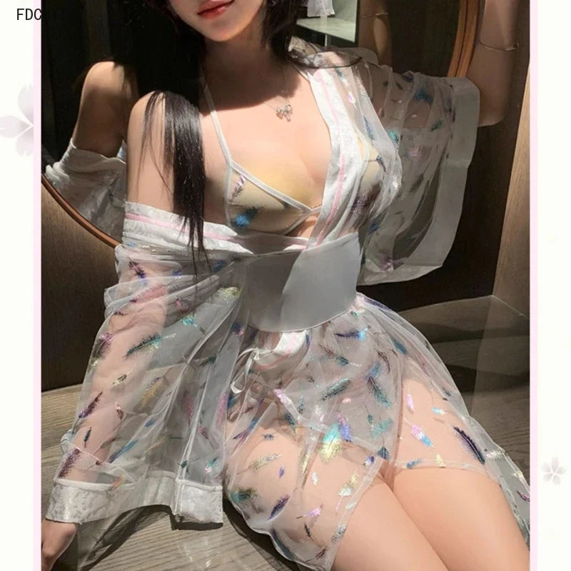 Lingerie V Neck Perspective Pajamas Bowknot Bathrobe Kimono Gauze Passion Robe Night Gown Porno Home Costume