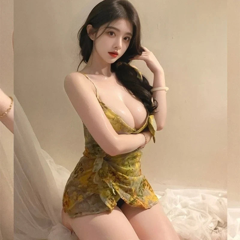 Lingerie Floral Suspender Nightgown Seductive Sleeping Skirt V-neck Couple Flirt Pajamas Adult Home