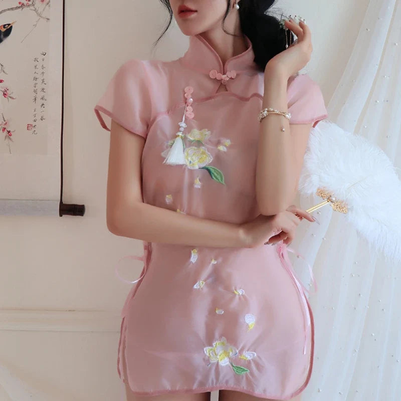 Green Pink Black Cheongsam Tradition Embroidery Improved Retro Tassels Transparent Lingerie Women