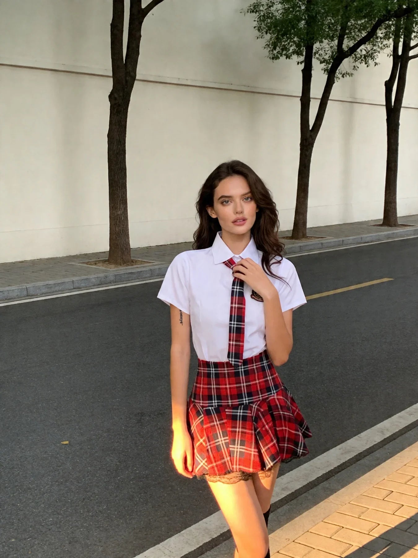 Fitted White Shirt Plaid Pleated Skirt Cosplay Schoolgirl Costume Lingerie