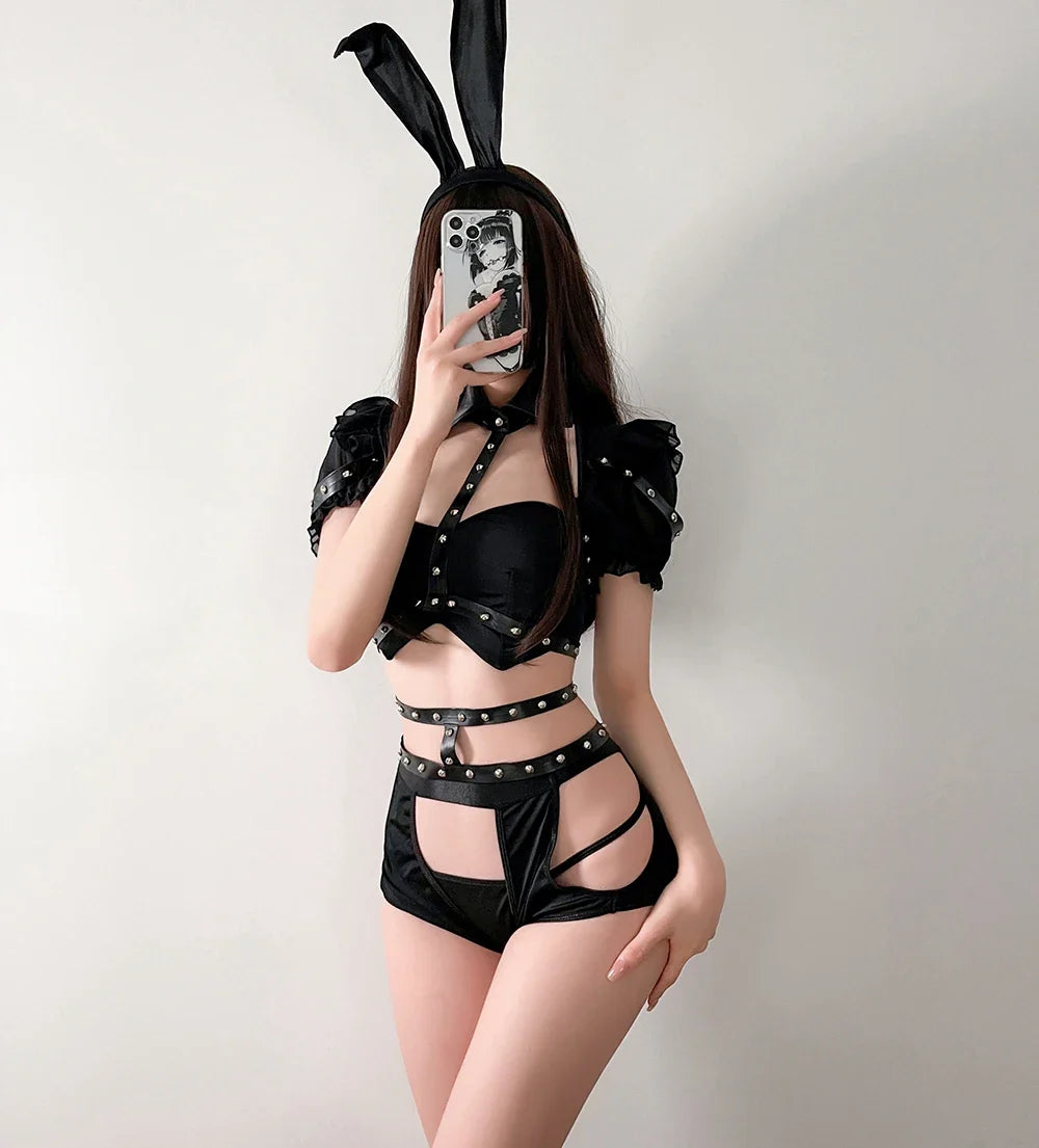 Bunny Cosplay Costume Black Rivet Bandage Suit Rabbit Lingerie