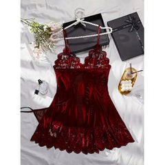 Halter Nightgown Transparent Red Lingerie Female Pajamas Tulle Comfortable Night Pajama G-string Set