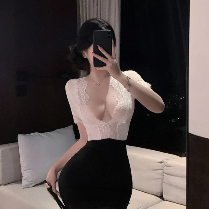 Exotic Office Lady Cosplay Costume See-through Underwear Hollow Out Deep V Lace Secretary Temptation Wrap Hip Dress