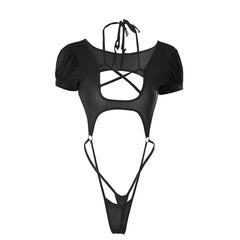 Pentagram Cutout Bodysuit Puff Sleeve Choker Neck One-Piece Bodysuit Side Strap Hollow Out