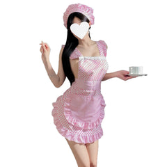 Cute Polka Dot Backless Lolita Maid Cosplay Temptation Backless Lingerie Skirt Costume Kawaii Ruffle Apron Women's