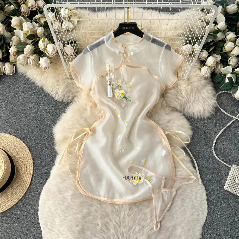 Hot Cheongsam Lingerie Retro Embroidery Improve Mesh Perspective Miniskirt