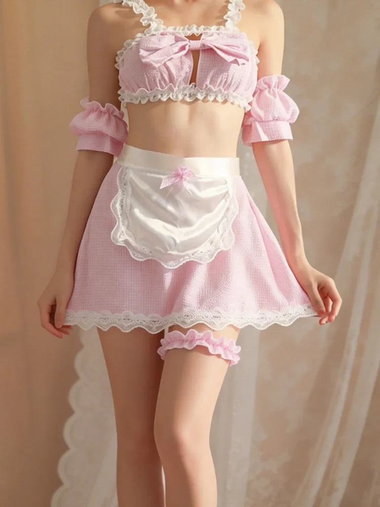 Alluring French Maid Costume Lingerie Outfit Ruffled Apron Headband Cosplay Party Fancy Exotic