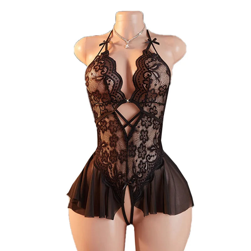 Crotchless Back Strap Lingerie Lace Hollow Bodysuit Pajamas