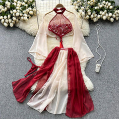 Red Traditional Perspective Lingerie Cosplay Soft Robe Chemise Chiffon Sleepwear NightHanfu Fairy Dress
