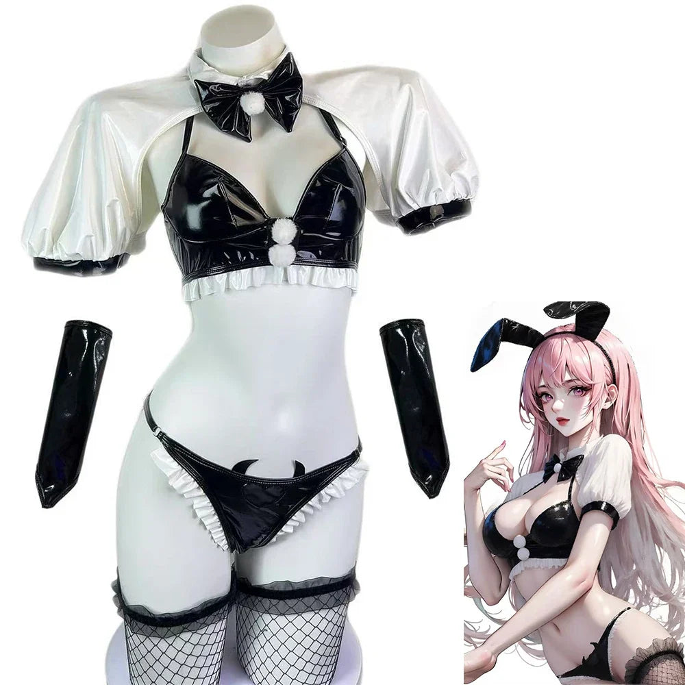 Bunny Cosplay Costume PU Leather Bra Devil Briefs Outfits Rabbit Maid Role Play Lingerie Halloween Costumes
