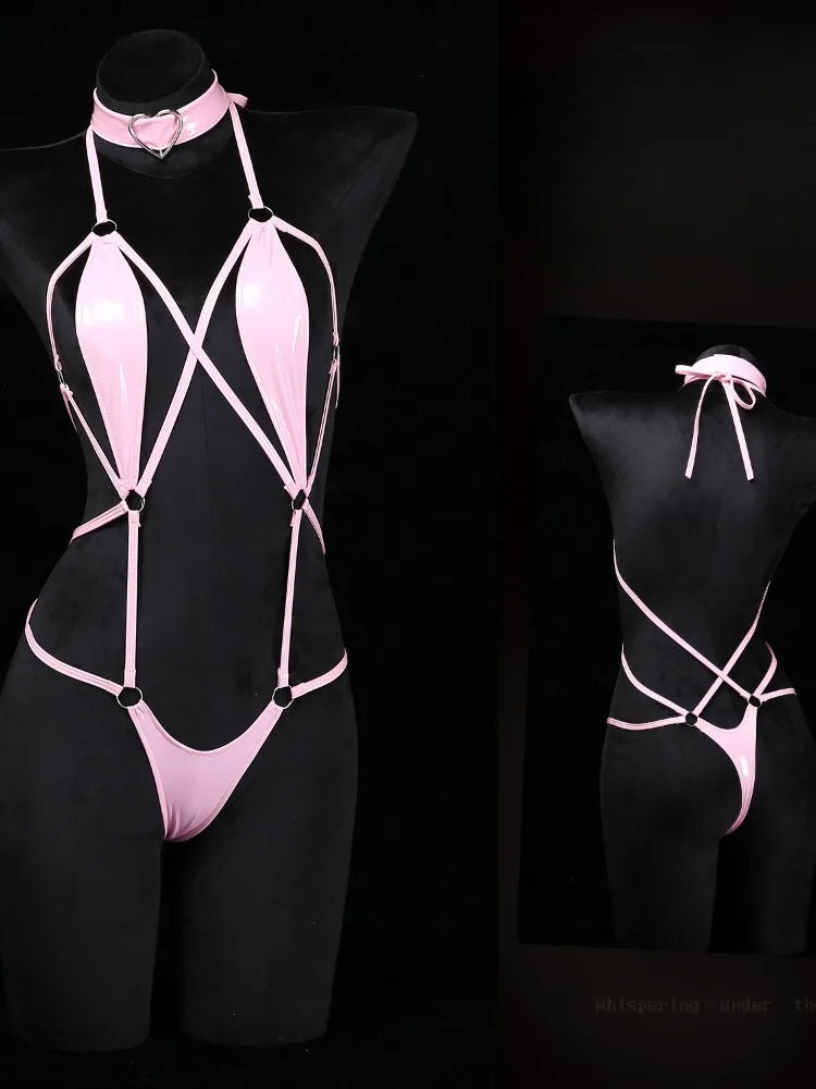 Patent Leather Harness Lingerie Heart Choker Open Back Crotch less Erotic Bodysuit Intimate Club wear
