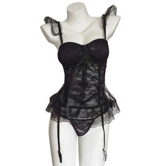 Porno Lingerie Lace Mesh Steel Ring Bra Vest Skirt Hollow Backless Set