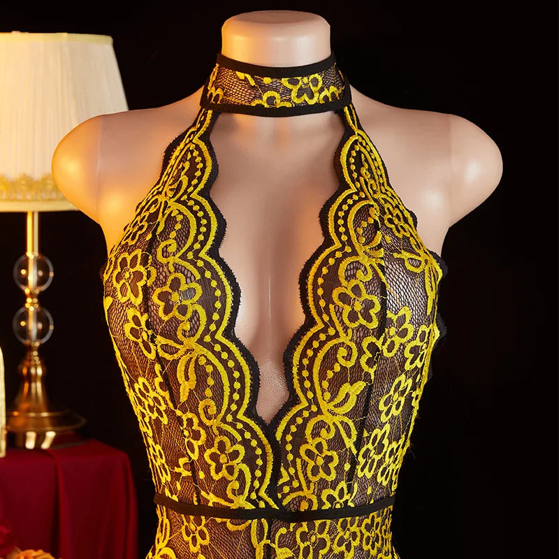 Transparent Yellow Lace Backless Lingerie