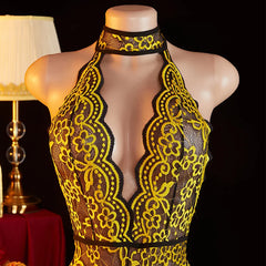 Transparent Yellow Lace Backless Lingerie