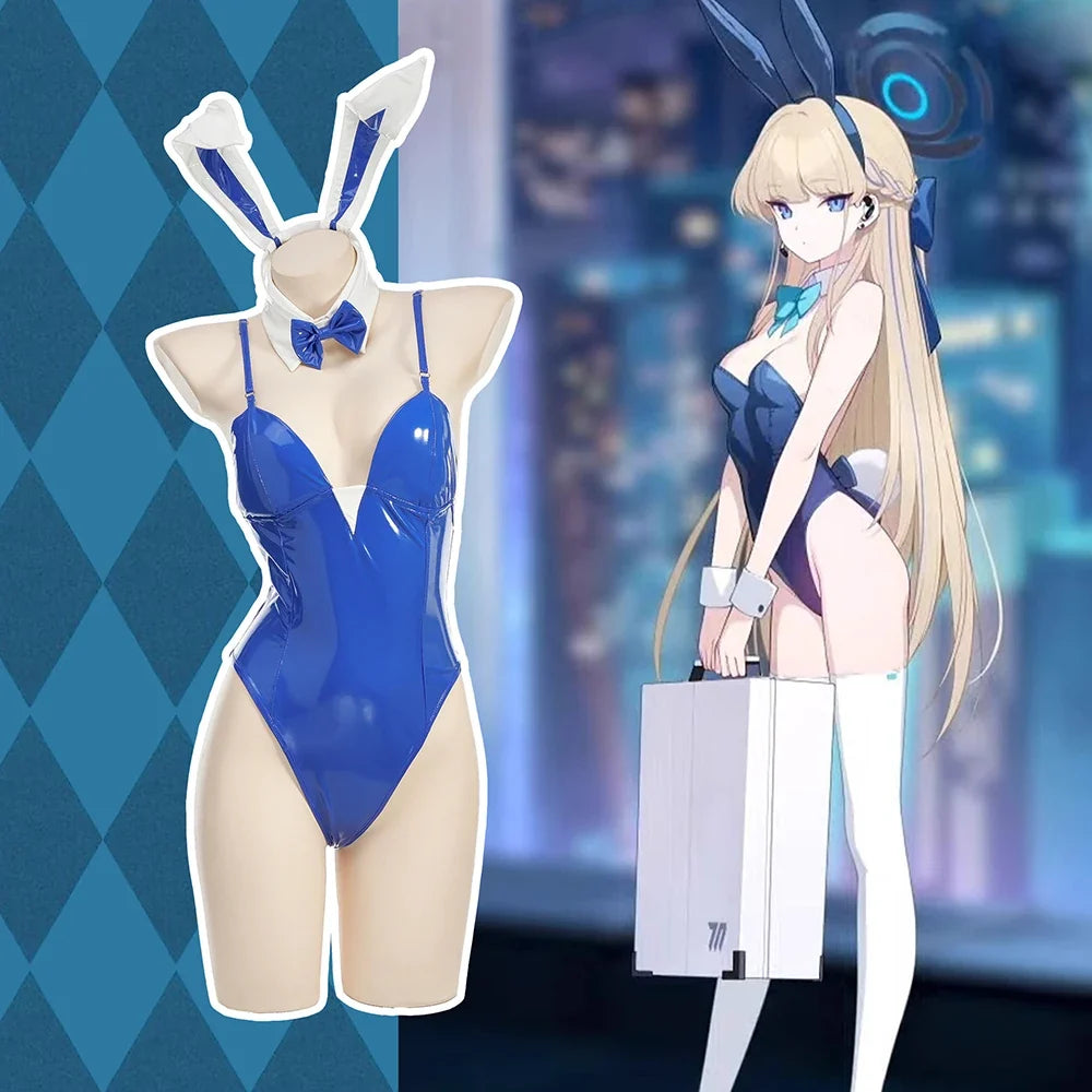 Itinose Asena Cosplay Costume Bunny Cosplay Rabbit Outfits Blue Leather Bodysuit Jumpsuit Lingerie