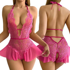 Crotchless Rose Lingerie Lace Hollow Bodysuit Teddy Babydoll Deep V Open Bra Porno Set