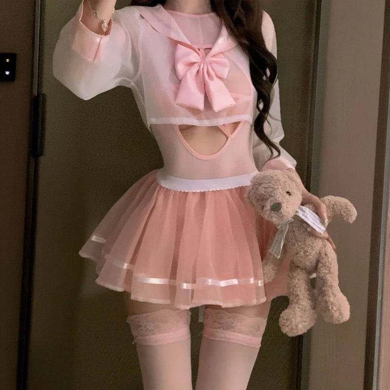 Thin Transparent Top Hollow Jumpsuit Pleated Miniskirt Set