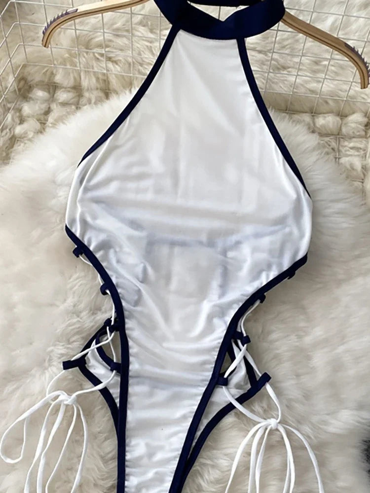 Black Patent Leather Bodysuits Adjustable Buckle Neckline Lace-up Side Waist Form Fitting
