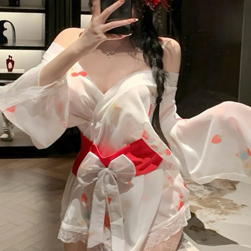 Transparent Style Strawberry Print Kimono Seductive Lace Long Sleeves Bow Elegant Charm Nightgown Bathrobe
