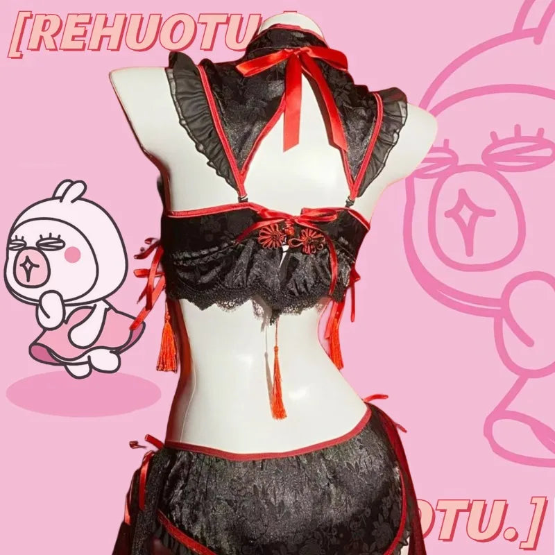 Gothic Vintage Cheongsam Lingerie Maid Cosplay Lolita Lace Embroidery Underwear Set