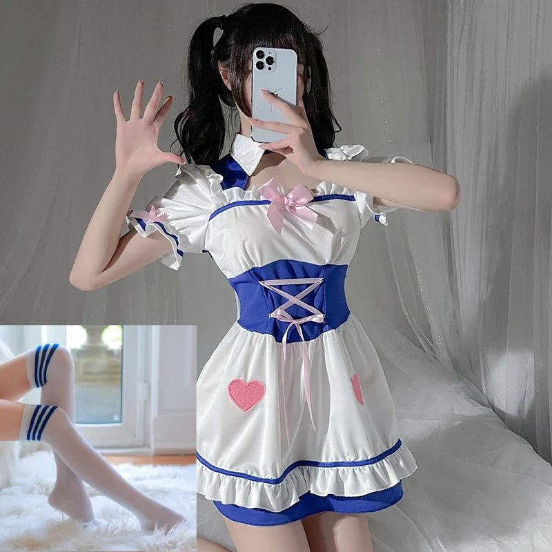 Cute Bow Game Cosplay Maid Costumes Kawaii Lingerie Pleated Skirt Sweet Princess Servant Roleplay Set