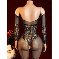 Big Bare Shoulders Crotchless Full Body Socks Desire Night Bold Exquisite Underwear Lingerie Long Sleeve Bodysuit