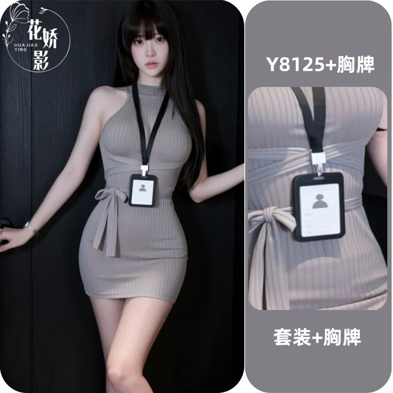 Lingerie Office Secretary Cosplay Halter Backless Bodycon Mini Set