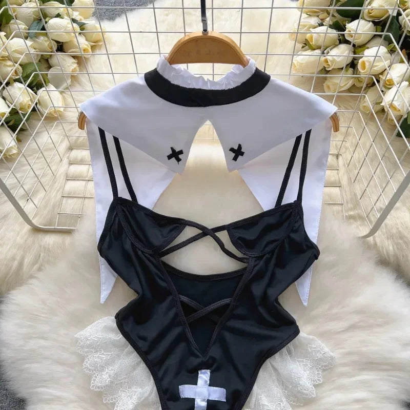 Cosplay Nun Role Play Costumes Erotic Lingerie Bodysuit Open Chest See Through Temptation Passion Set