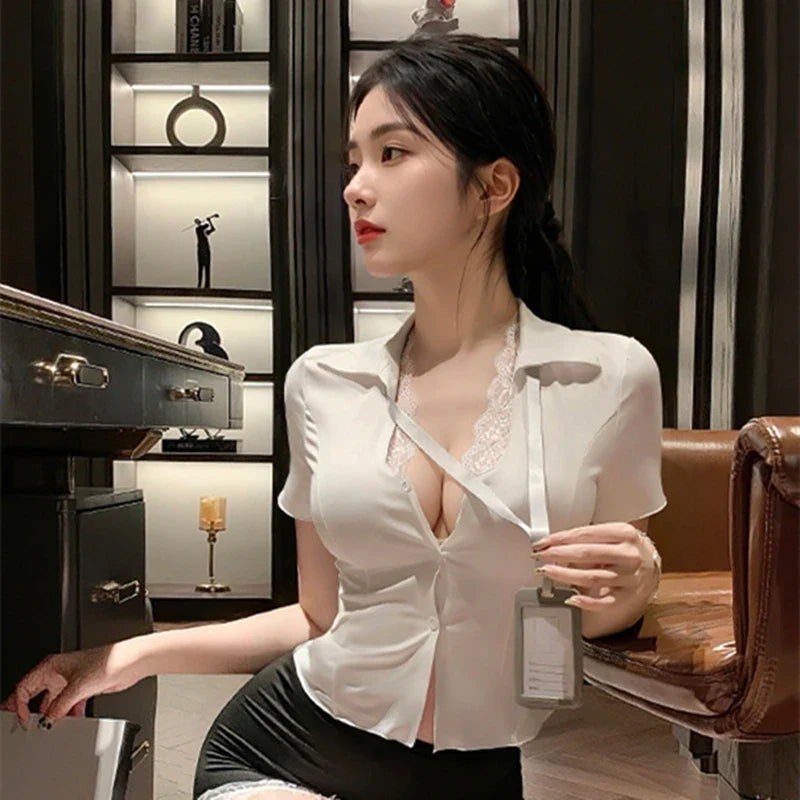 Secretary Cosplay Temptation Costumes Ultra-thin Shirt Lace Wrap Hip Miniskirt Set